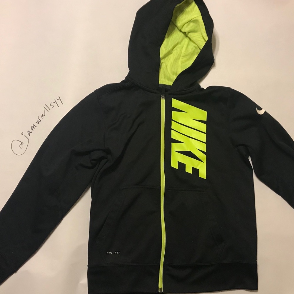 Boys Nike Zip Hoodie Black and Neon Green